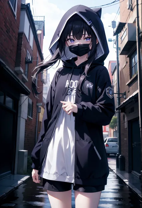 takiuchi kame, check it out, long hair, bangs, black hair, (purple eyes:1.2),blue hoodie,hood up,cover your mouth with a blue ma...