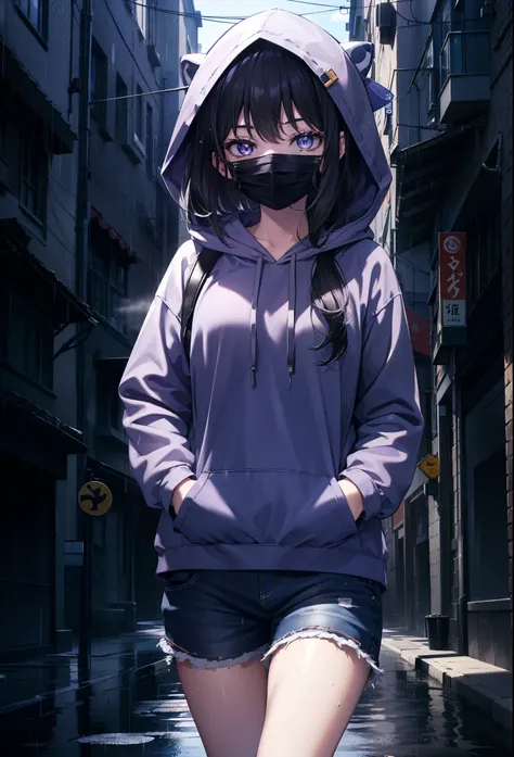 takiuchi kame, check it out, long hair, bangs, black hair, (purple eyes:1.2),blue hoodie,hood up,cover your mouth with a blue ma...