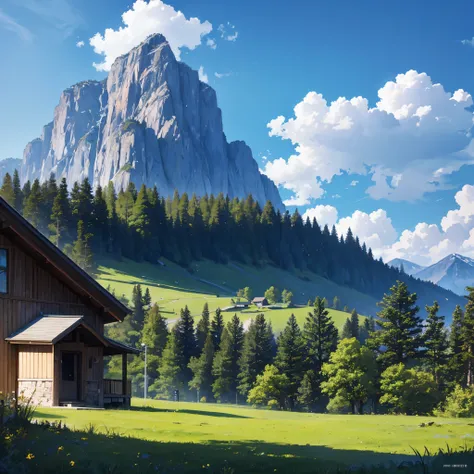 A landscape, of a place with mountains covered in green lawn, with pine trees, a modern house a little far from the mountains, blue sky with perfect clouds, ultra resolution, perfect quality, masterpiece, very detailed, 4k HD.
