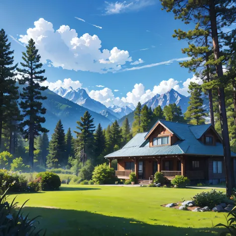 A landscape, of a place with mountains covered in green lawn, with pine trees, a modern house a little far from the mountains, blue sky with perfect clouds, ultra resolution, perfect quality, masterpiece, very detailed, 4k HD.
