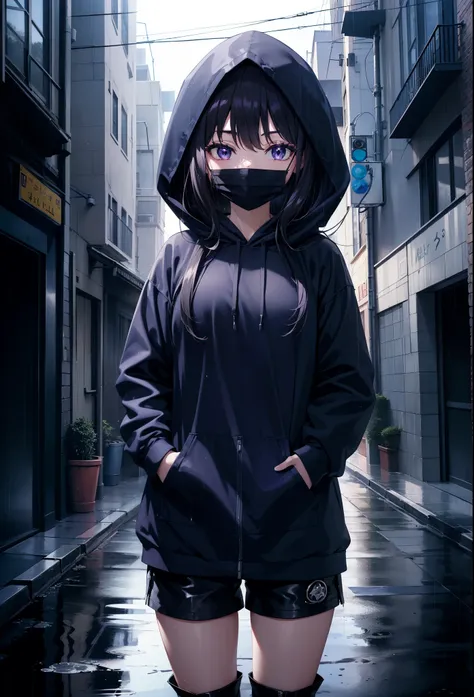 takiuchi kame, check it out, long hair, bangs, black hair, (purple eyes:1.2),oversized blue hoodie,hood up,cover your mouth with...