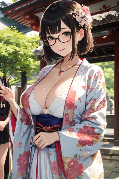 highest quality、High resolution、detailed background、cute10代の美少女、(two women:1.3)、brown hair、bob cut、(huge breasts:1.3)、realistic、perfect body line、Floral embroidered panties、floral embroidered bra、emphasize cleavage、Glasses、Calm atmosphere、Looks neat、cowboy...