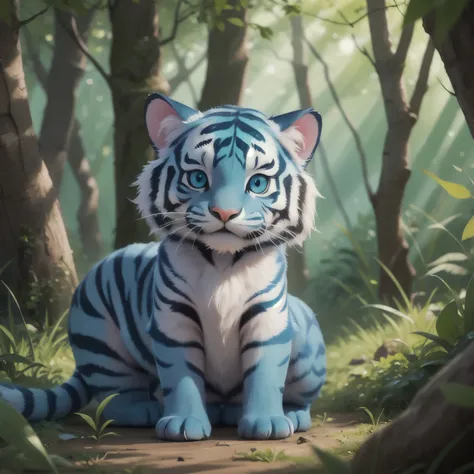 cute baby blue tiger in the forest, animal, blue fur, hyperrealistic, fur colour, blue hair