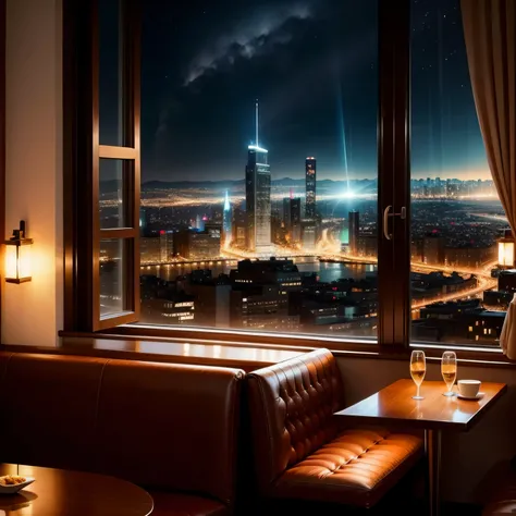 Cafe, Large windows with beautiful city views,Beautiful sparkling night view、