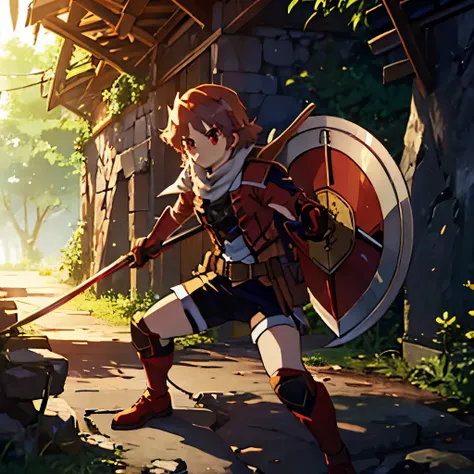 a boy who looks like a girl, childish, red and white adventurer clothes, barrett hat, swordsman holding a sword and a shield, short auburn hair, mercenary, fantasy, teenager, severely undergrowth, demonic red eyes