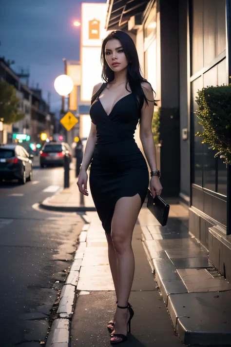 (Photorealistic: 1.5), Ultra Detail, slim European model, Masterpiece, full body pose, wearing a sexy black dress, exposed legs due to high heels, black hair cascading down, small stature, incredibly realistic, (realistic: 1.6), (detailed skin: 1.4), (best...