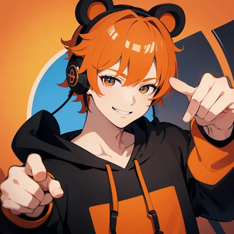 4k　illustration　from front　close-up head　looking at viewer　((man / male))　smile　orange hair　black hoodie　Magic Circle　bear ears　headphone