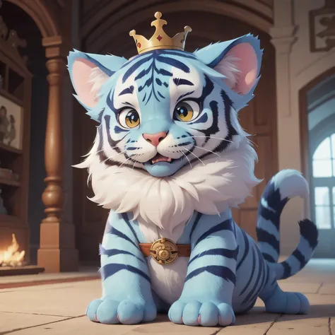 cute baby blue tiger in the palace, animal, blue fur, hyperrealistic, fur colour, blue hair, shining fur, wear king robe