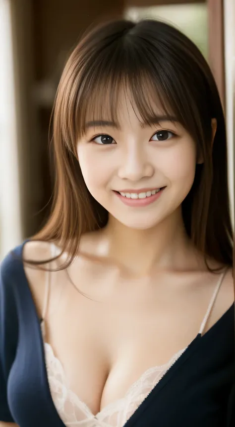 masterpiece,best quality,(Japanese ),((Beautiful girl)),cleavage,indoor,(perfect body beauty:1.2),(shy smile),beautiful teeth,