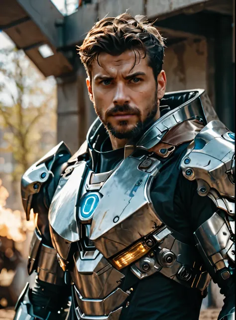 (masterpiece, best quality, ultra-detailed, best shadow), cinematic film still, photo of a man wearing a high tech scifi armor, mecha armor, male focus, armor, solo, facial hair, cape, beard, looking at viewer, blue eyes, blurry background, power armor, kn...