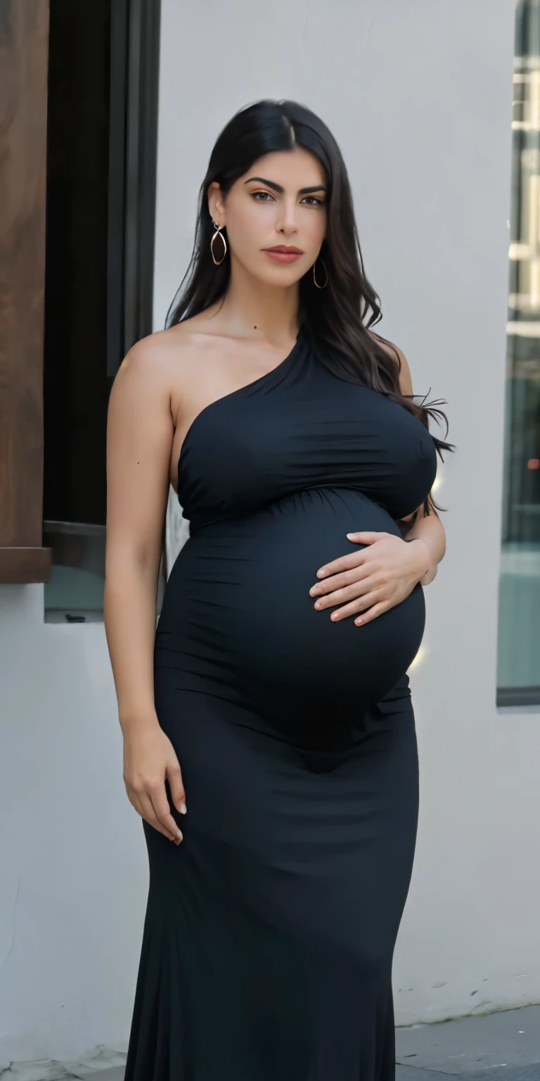 aridugarte wearing a black dress, gigantic breasts, saggy breasts, ((huge pregnant, 40-weeks pregnant, overdue pregnant)), standing, full body shot, looking at viewer, in a street, intricate high detail, (vibrant, photo realistic, realistic, sharp focus) (...