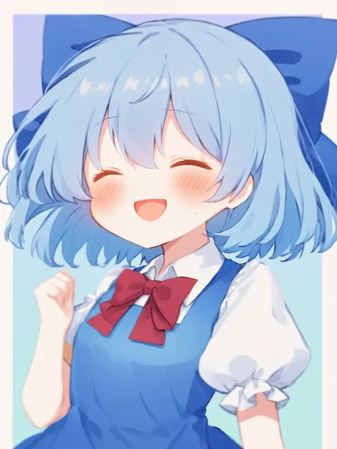 1girl, bow, solo, blue_hair, cirno, blue_bow, smile, bowtie, open_mouth, red_bow, red_bowtie, hair_bow, shirt, blue_background, closed_eyes, border, puffy_sleeves, >_<, short_hair, white_shirt, upper_body, blush, hair_between_eyes, bangs, blue_dress, dress...