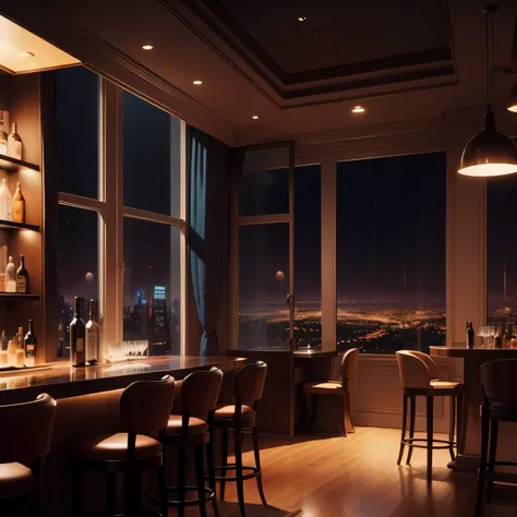 concept art, there are no humans, Elegant and modern night bar interior,  drink bottles on the shelf, curtain, Large glass window on the side, City lights twinkling outside the window