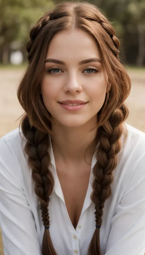 a photograph of a red-haired woman with windblown braids, su cabello enredado como llamas contra un cielo crepuscular, emanating untamed beauty, ojos verdes, Angel Face, sonriendo, linda sonrisa, cara perfecta, super white skin color, con rasgos americanos...