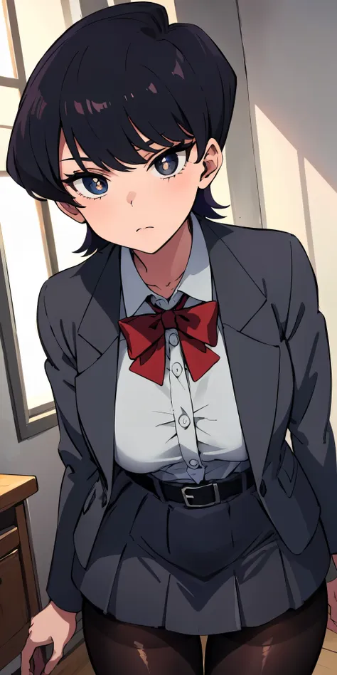 pixel-Komi-Shuuko, 1girl, solo, 
BREAK (red bowtie black shirt grey jacket grey dress black skirt black belt frills black pantyhose:1.2)
BREAK (dynamic angle), closed mouth,
BREAK ((detailed background)),((indoors)), 
BREAK ((anime girl)), best quality, ex...