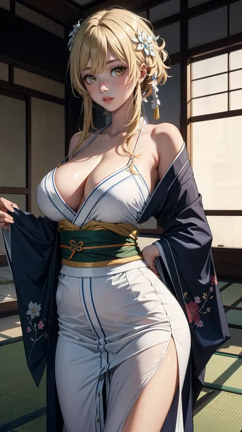 Masterpiece, high quality, 4k, detailed face, ((luminernd)), large breast, cleavage, (kimono:1.3)