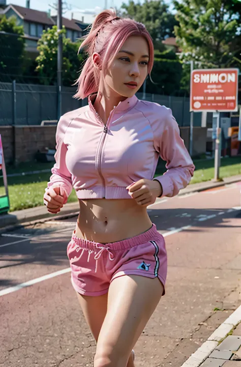 arafed woman in pink hair wearing jogging shorts and track suit running on a trademill, ross tran 8 k, smooth pink skin, alena aenami and artgerm, some pink, seductive anime girl, 8k high quality detailed art, badass anime 8 k, photorealistic anime girl re...