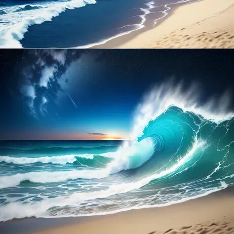 Wave, sandy beach, Palm tree, starry sky