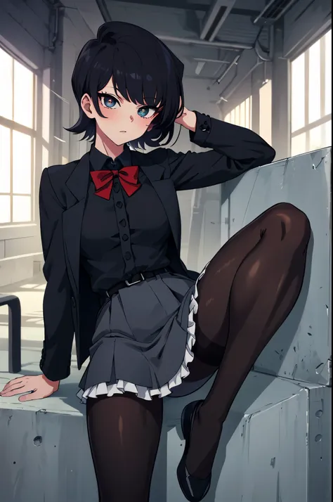 pixel-komi-shuuko, 1girl, solo, 
break (red bowtie black shirt grey jacket grey dress black skirt black belt frills black pantyh...