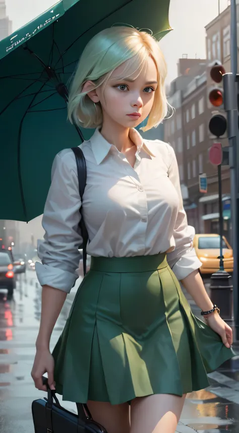 Amidst the bustling cityscape, a solitary figure of a young girl is seen. Her  frame is clad in a crisp white shirt, its pristine fabric slightly damp from the recent rain. The top button of her shirt is fastened, revealing a peek of her blue eyes that twi...