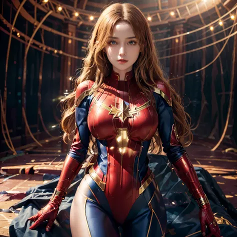 in this captivating artwork, the enchanting figure of captain marvel comes to life, radiant and seductive against a backdrop of ...