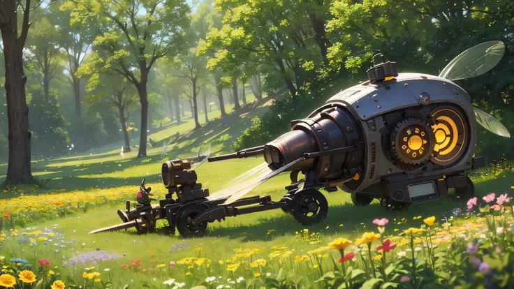 a lovely field of flowers, steampunk robot bees flit between them pollinating them