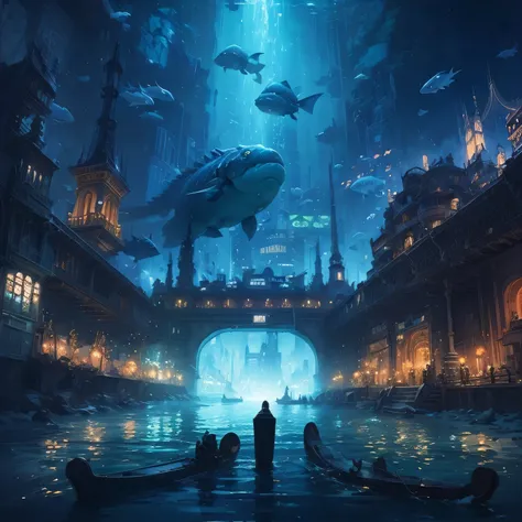 Underwater city at midnight, Illuminated by bioluminescent organisms - concept art by Feng Zhu