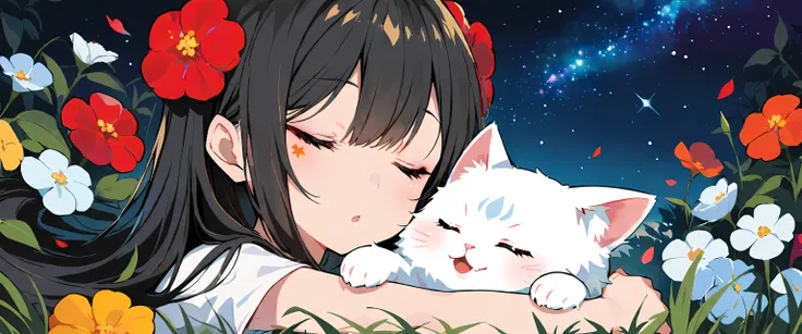 a little girl and a fluffy white kitten, flowers, sleep, long black hair, night, starry sky