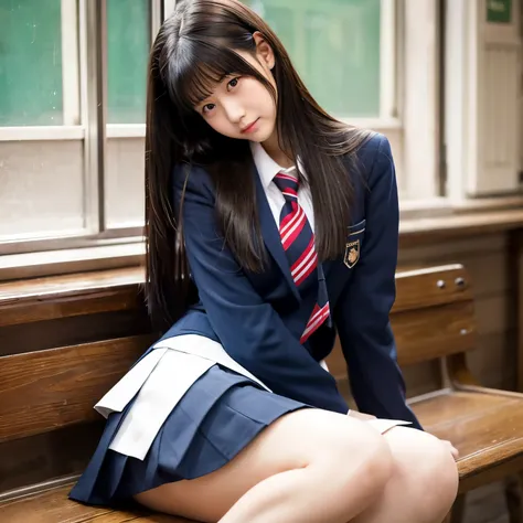 Whimpering、high school girl、School、uniform、skirt、sit、long hair、cute、thighs