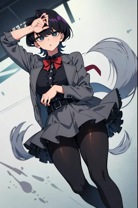 pixel-Komi-Shuuko, 1girl, solo, 
BREAK (red bowtie black shirt grey jacket grey dress black skirt black belt frills black pantyhose:1.2)
BREAK ((anime girl)), best quality, expressive eyes, perfect face, (masterpiece), best quality, expressive eyes, perfec...