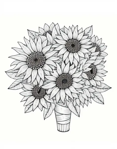 a drawing of a bouquet of sunflowers with leaves, flowers with intricate detail, detailed flowers, traditional drawing style, higly detailed black ink outline, helianthus flowers, coloring book outline, intricate detail drawing, drawn with photoshop, intri...