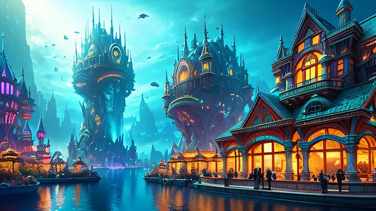 fantasy concept art, transparent buildings、At night, it transforms into a huge aquarium filled with fish.., Beautiful light decoration, wide angle lens, 8K octane rendering, realistic, Epic shots, movie lighting, Detailed architecture, detailed fish, vivid...