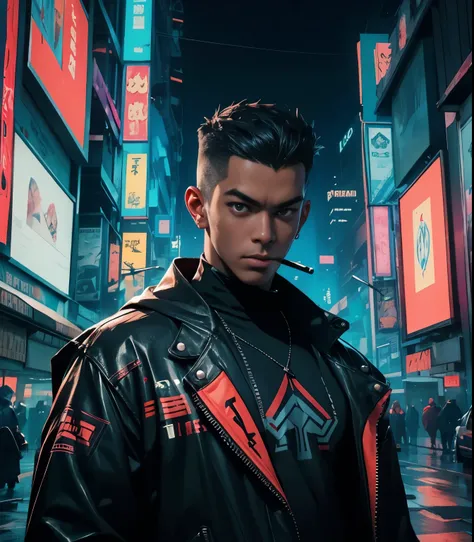 Cyberpunk style, 1 man, malaysian, smoking cigarette, malaysia, malaysian, neon background, kuala lumpur, dark skin, looking out the window of his apartment, cyberpunk city :: neon graffiti :: rainy night :: Epic cinematic brilliant stunning detail intrica...