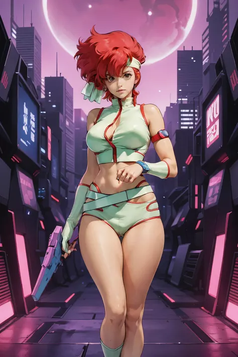 Kei from The Dirty Pair, , wearing a tight outfit, skimpy, medium breast, red hair beauty, cyberpunk city background, holding retro space-gun, headband, slim waist, slim thighs, thigh gap