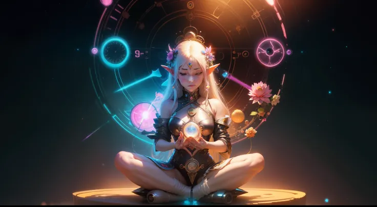 Anime girl sitting in lotus position with bright flowers and clock, Elf soul meditating in space, Elf angel meditating in space, beautiful heavenly magician, Art Germ Julie Bell Beeple, Fantastic Behind Art, Neo Art Core and Charlie Bo Water, Beeple et Jer...