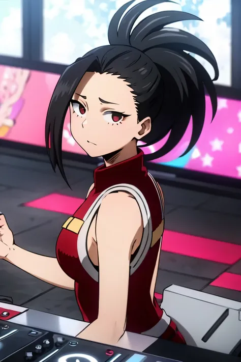 Una toma en solitario con yaoyorozu momo un DJ, mostrando sus habilidades en los tocadiscos en una rave vibrante.