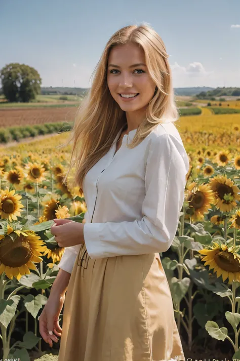 a photorealistic image of a blonde woman standing in a vibrant sunflower fields in the countryside, taken on a sony a7iii camera with 85mm lens, natural sunlight, no teeth, candid smile