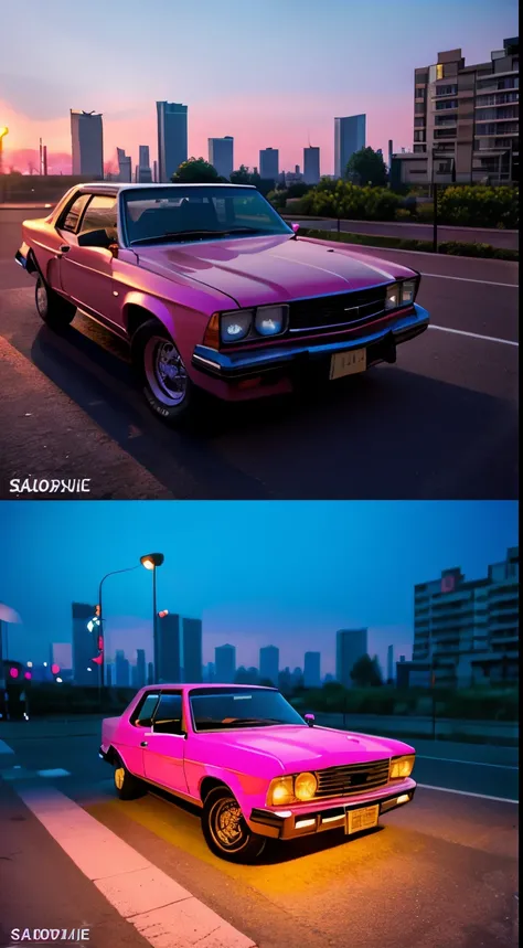 A gorgeous, sparkling pink car is parked on the roadside.、Sunset、The city skyline comes alive in the background。Scenes are drawn in high resolution、Highly detailed and hyper-realistically rendered in Unreal Engine using RTX technology。The car is bathed in ...