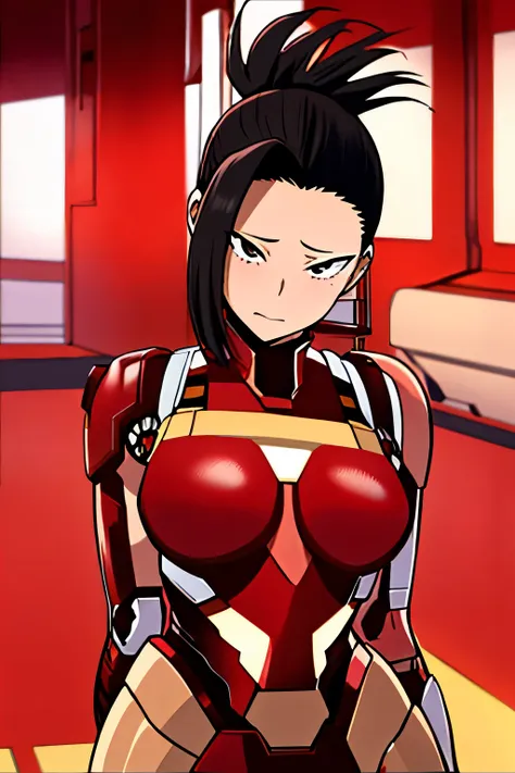 momo yaoyorozu, una mujer sexy y atractiva inspirada en iron man con un brillante robot de iron man. se viste con sensualidad y ...