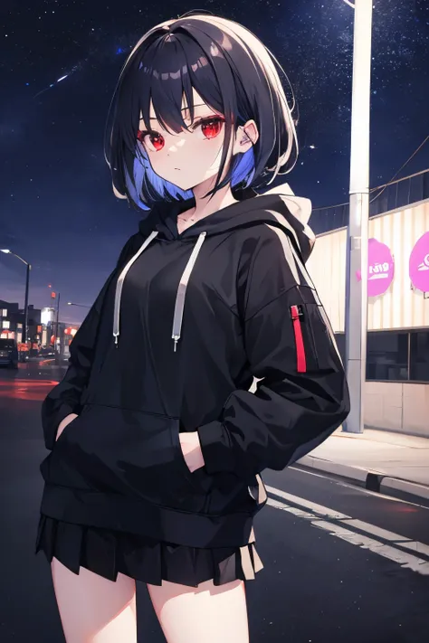 cute,whole body,hands in pockets,black boa hoodie,
short skirt,cool,3✕3の目,red eyes,,night view