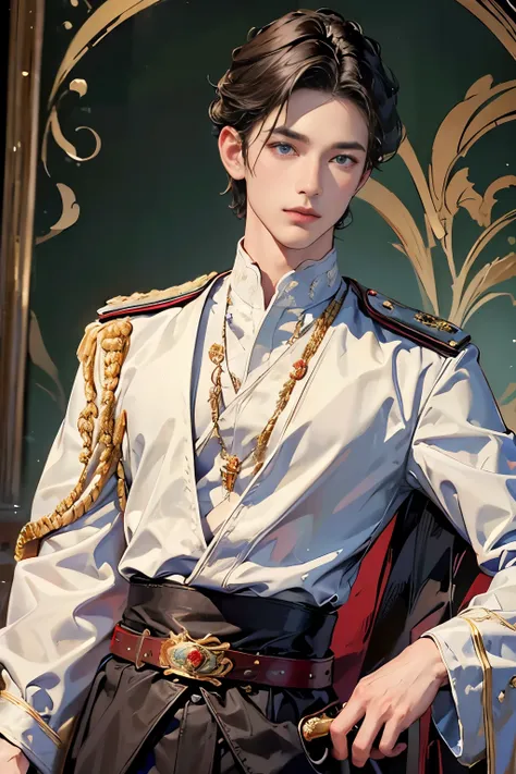 a masterpiece of world art ! top quality . high detail . portrait of a prince with a sword on his belt! handsome guy in expensiv...