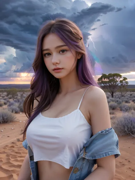 (4k), (highest quality), (best details), (realistic), a thunderstorm is approaching、beautiful french girl in one piece、purple lo...