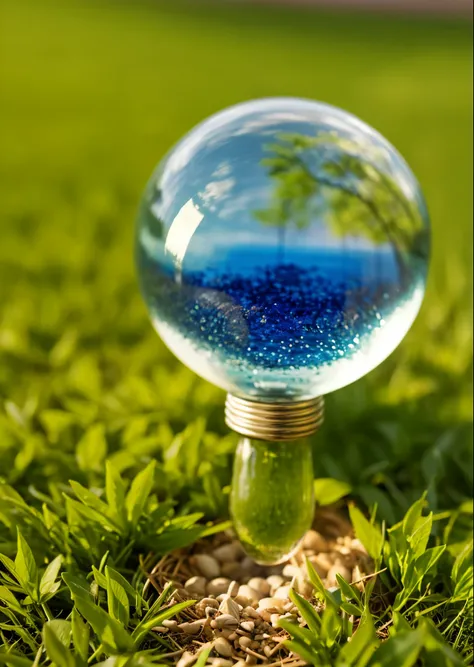 glass bulb placed on the lawn、A pulp plant is represented within the sphere.、macro photography、High definition、high resolution、High color rendering、High resolution、Super realistic、photo realistic 