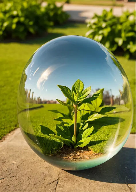 glass bulb placed on the lawn、A pulp plant is represented within the sphere.、macro photography、High definition、high resolution、High color rendering、High resolution、Super realistic、photo realistic 