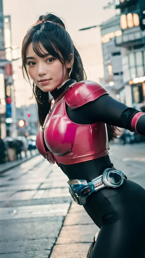 (highest quality、8k、32k、masterpiece、uhd:1.2、perfect body beauty:1.2、wearing a futuristic hero suit with a dark pink and white sh...