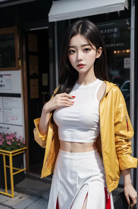 Arafe woman walking down the street wearing white top and red jacket, black skirt, korean beauty, different actions,