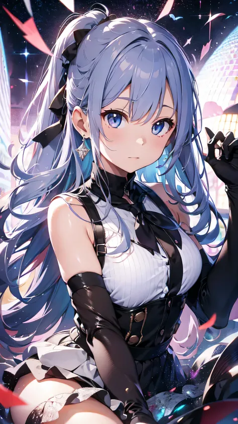 最high quality、best image quality、masterpiece、girl((20-year-old、 By becoming、vest bust、medium bust,wide open breast tea、shining eyes, silver hair、long hair、thin,highest valley、black 、black short skirt、shoulder tattoo,diamond earrings、Wristband、black gloves)...