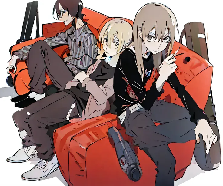 cartoon character sitting on red sofa with luggage, anime style”, soul eater, laid back, lingchang, it&#39;s pixiv, ( ( ( ji che...