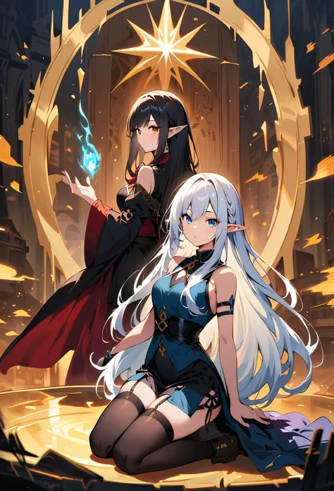 dark elf, 2girls, pointy ears, thighhighs, long hair, kneeling, black hair, looking at viewer, white hair, magic movie scene，fan...