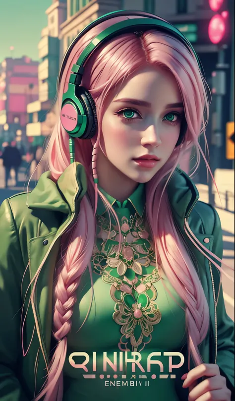 model girl wearing headphones, city background, emerald green eyes, pink hair, intricate details, aesthetically pleasing pastel colors, poster background, art by ilya kuvshinov